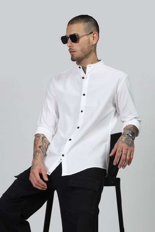 Uri White Mandarin Collar Oxford Shirt