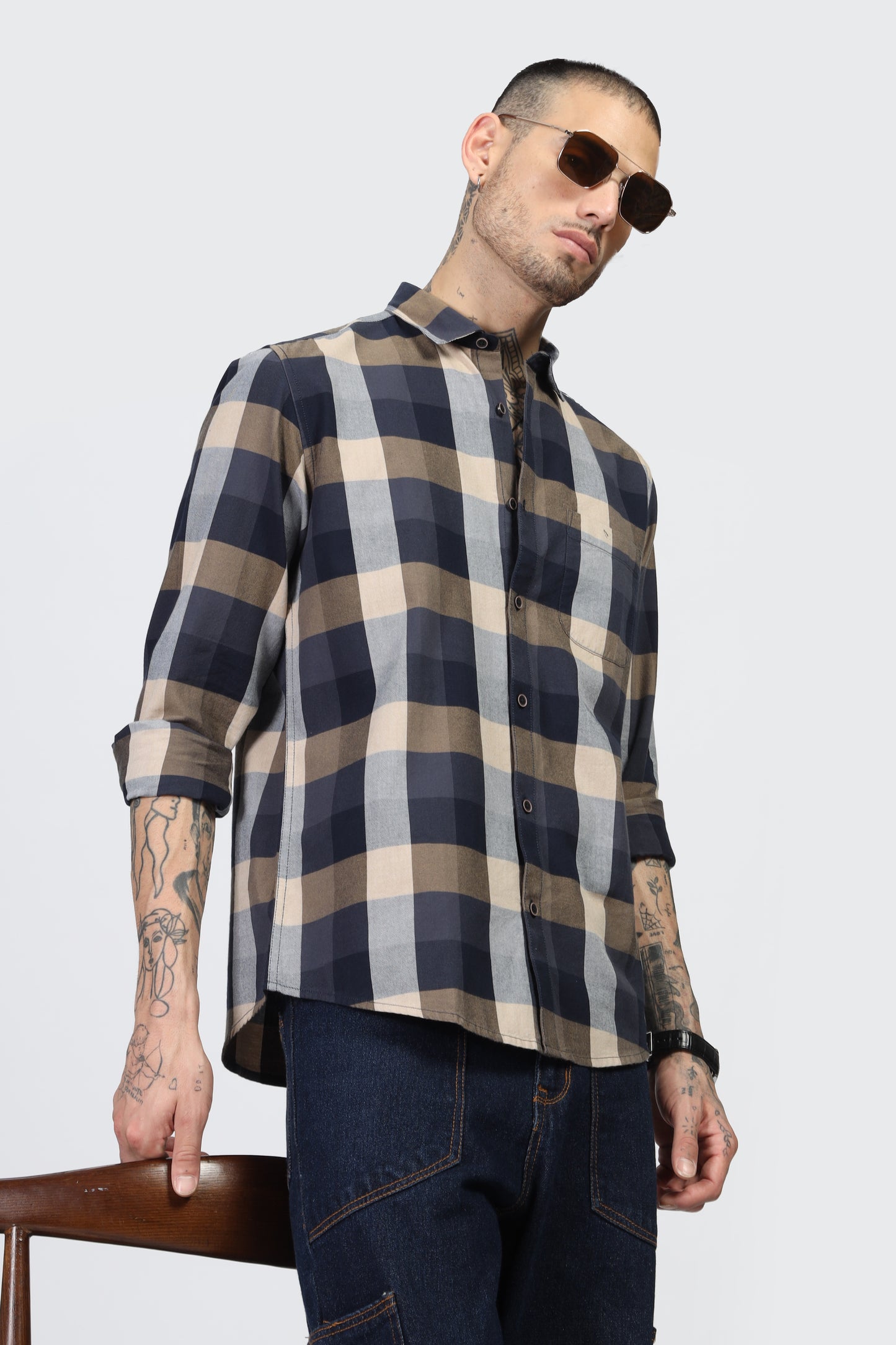 Uri Navy Flannel Checks Cotton Shirt