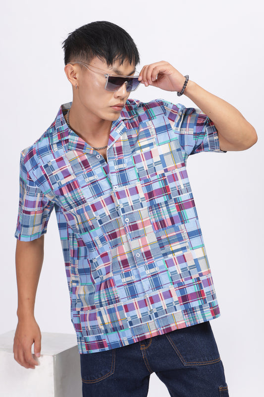 Uri Cuban Collar Patch Work Half Sleeve Casual Shirt