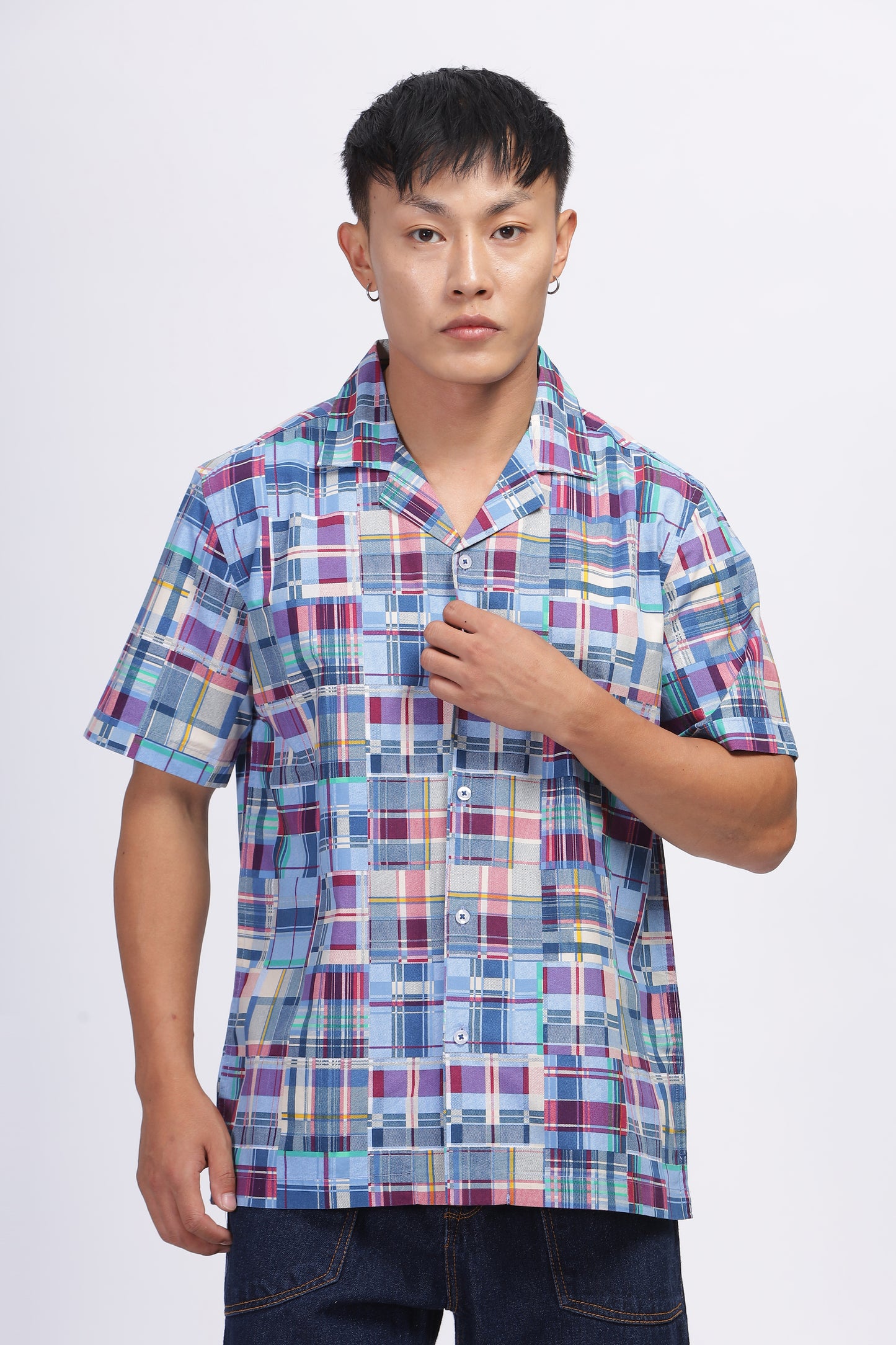 Uri Cuban Collar Patch Work Half Sleeve Casual Shirt