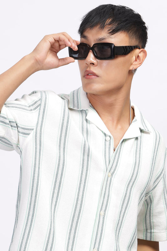 Uri Off White Cuban Collar Matte Weave Shirt