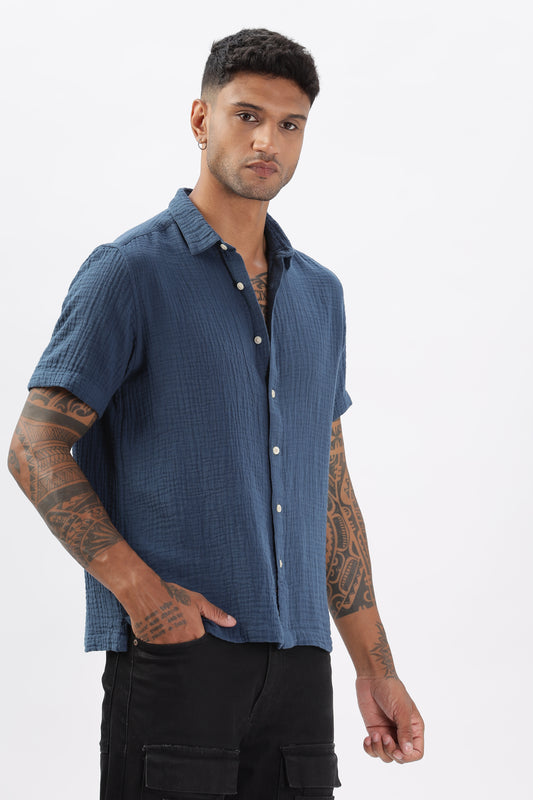Uri Textured Boxy Fit Blue Shirt