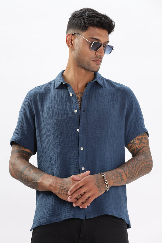 Uri Textured Boxy Fit Blue Shirt
