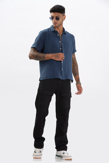 Uri Textured Boxy Fit Blue Shirt