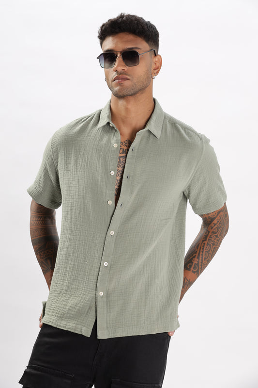 Uri Textured Boxy Fit Olive Shirt