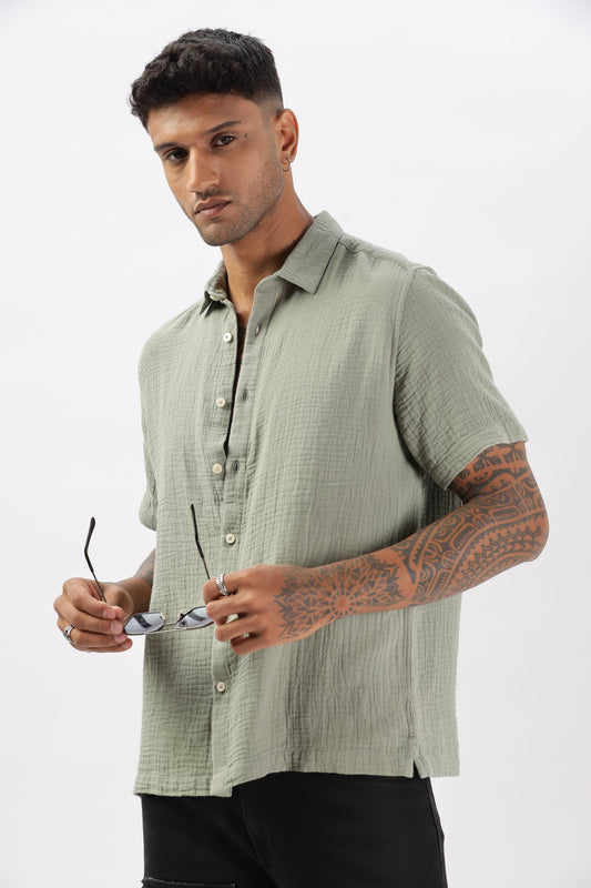 Uri Textured Boxy Fit Olive Shirt
