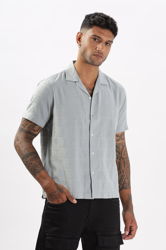 Uri Grey Jacquard Casual Cuban Collar Shirt