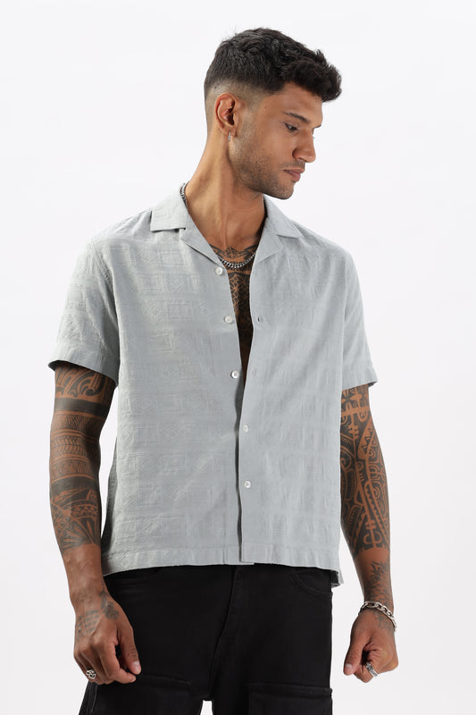 Uri Grey Jacquard Casual Cuban Collar Shirt