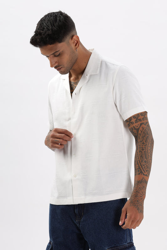 Uri White Jacquard Casual Cuban Collar Shirt