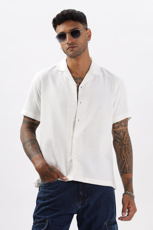 Uri White Jacquard Casual Cuban Collar Shirt