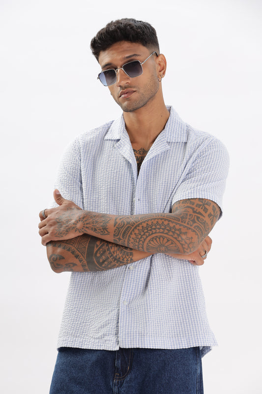 Uri Blue Gingham Check Casual Half Sleeve Shirt