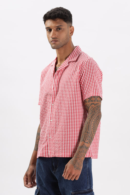 Uri Red Gingham Check Casual Half Sleeve Shirt