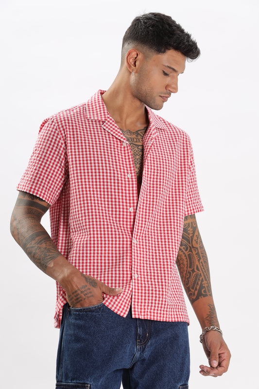 Uri Red Gingham Check Casual Half Sleeve Shirt