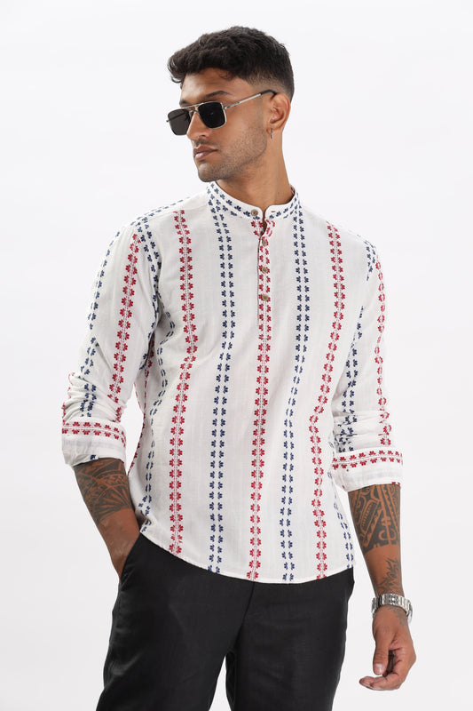 Uri White Dobby Striped Short Kurta