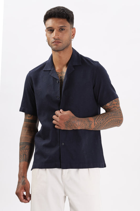 Uri Navy Jacquard Casual Cuban Collar Shirt
