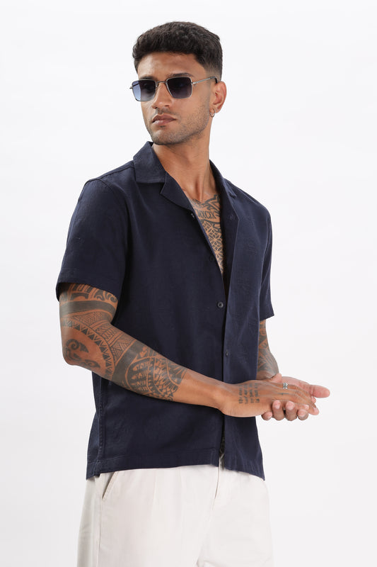 Uri Navy Jacquard Casual Cuban Collar Shirt