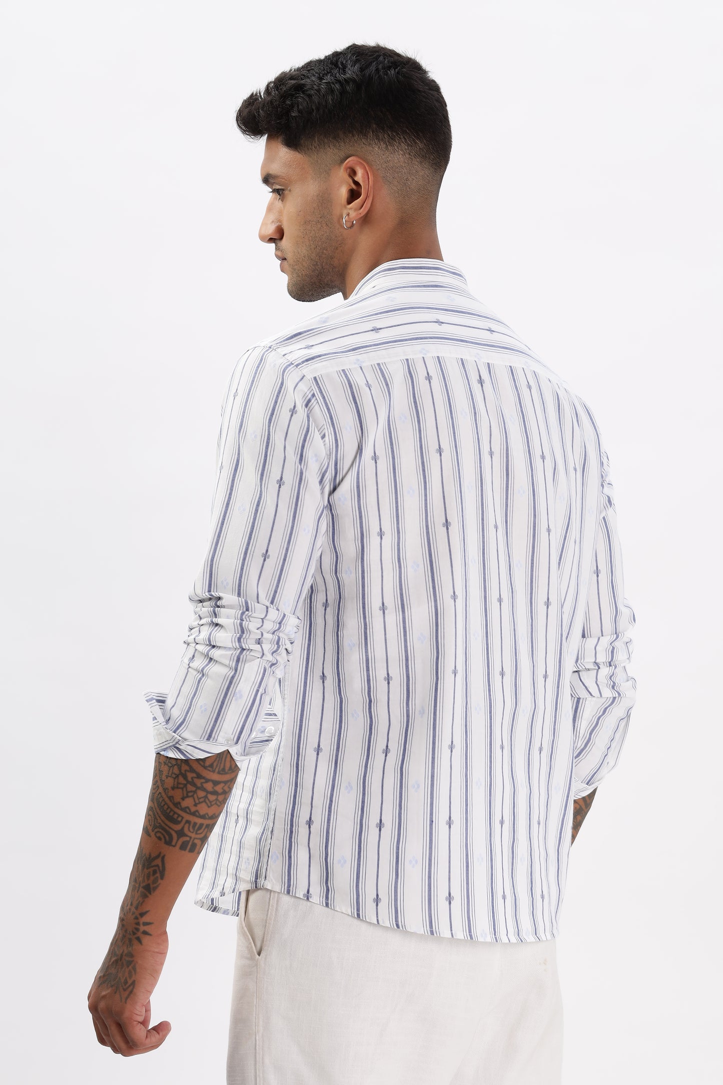Uri White & Blue Dobby Striped Short Kurta