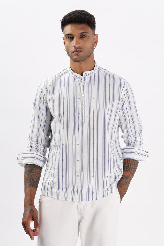 Uri White & Blue Dobby Striped Short Kurta