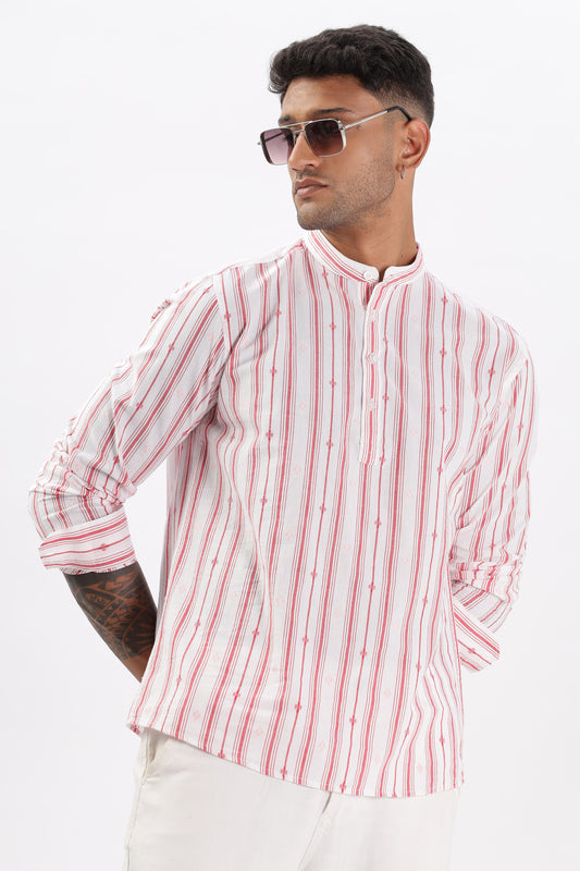 Uri White & Red Dobby Striped Short Kurta
