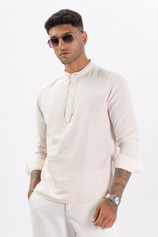Uri Light Pink Seer Sucker Striped Short Kurta