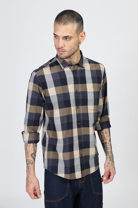 Uri Navy Flannel Checks Cotton Shirt