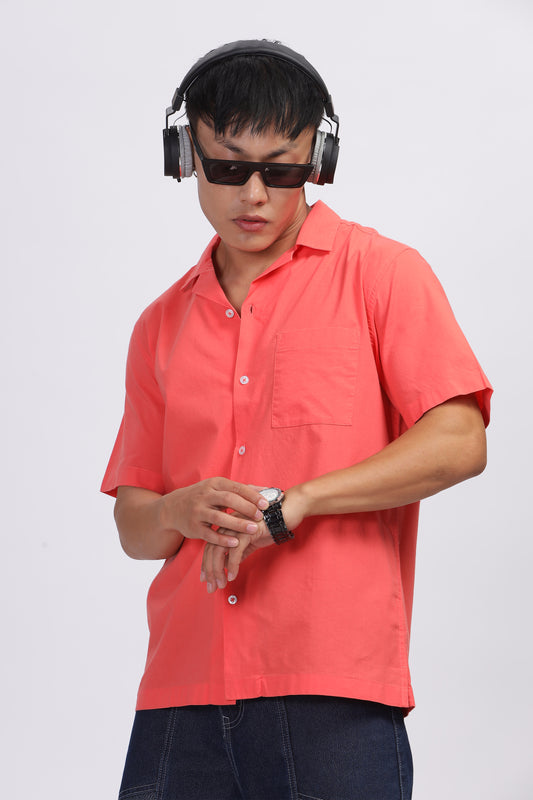 Uri Peach Solid Cuban Collar Shirt - Kashyap Global Lifestyles LLP