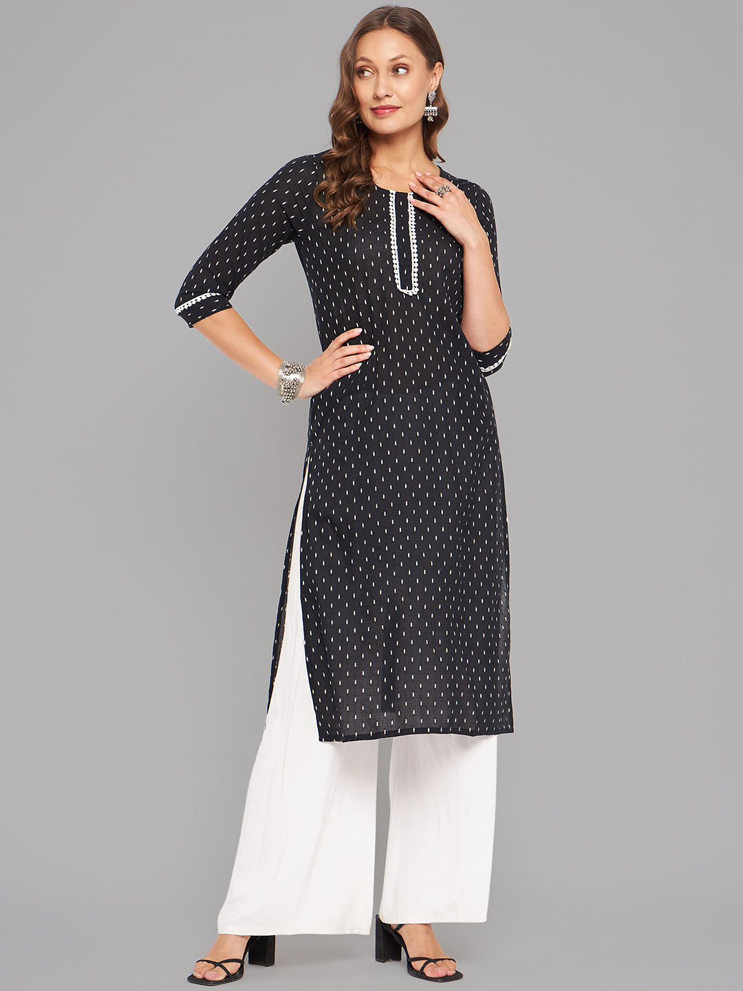 Women Black Woven Design Kurta With Lace - Kashyap Global Lifestyles LLP