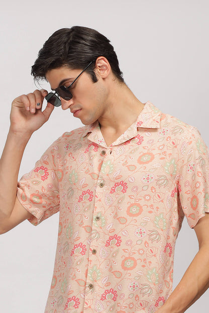 Uri Peach Printed Cuban Collar Shirt - Kashyap Global Lifestyles LLP