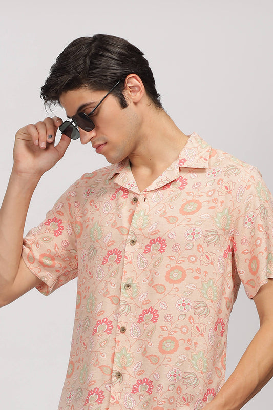 Uri Peach Printed Cuban Collar Shirt - Kashyap Global Lifestyles LLP