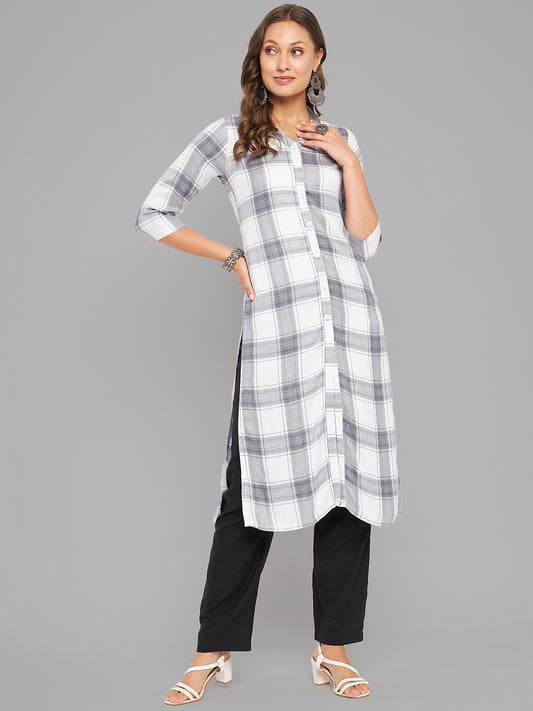 Women White & Grey Collar Neck Kurta - Kashyap Global Lifestyles LLP