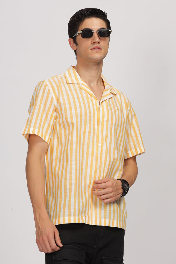 Uri Yellow Striped Cuban Collar Shirt
