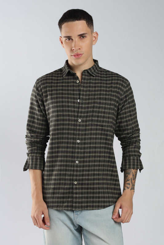 Dark Olive Twill Check Casual Shirt