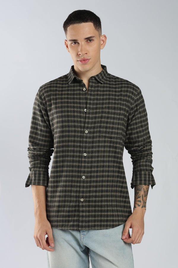 Dark Olive Twill Check Casual Shirt