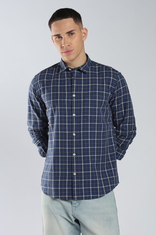 Blue Twill Check Casual Shirt