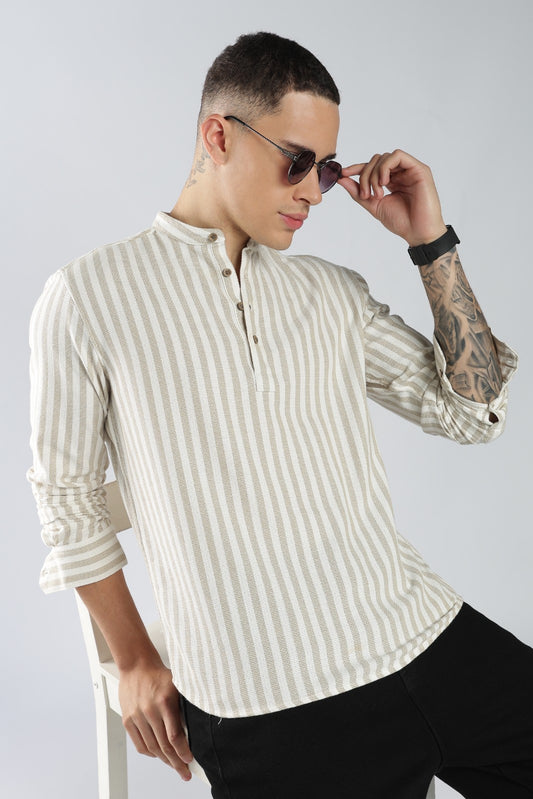 Beige Matte Stripe Short Kurta
