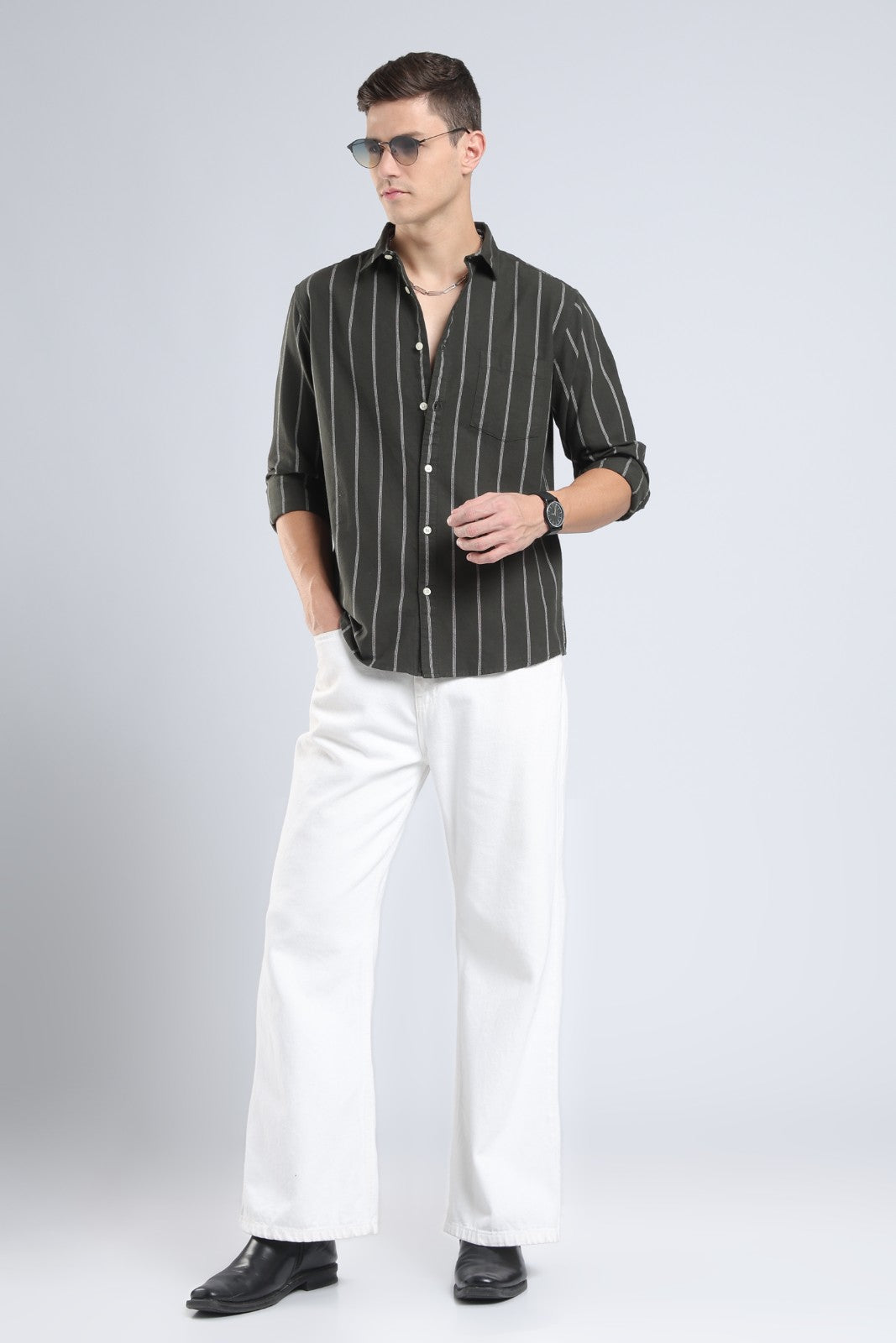 Forest Olive Oxford Stripe Casual Shirt