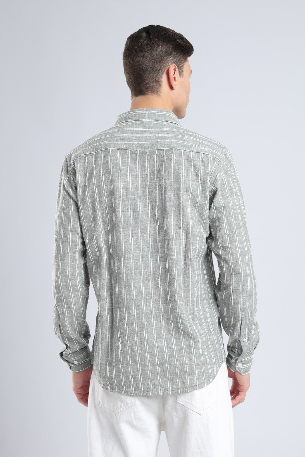 Muted Olive Vertical Stripe Casual Shirt