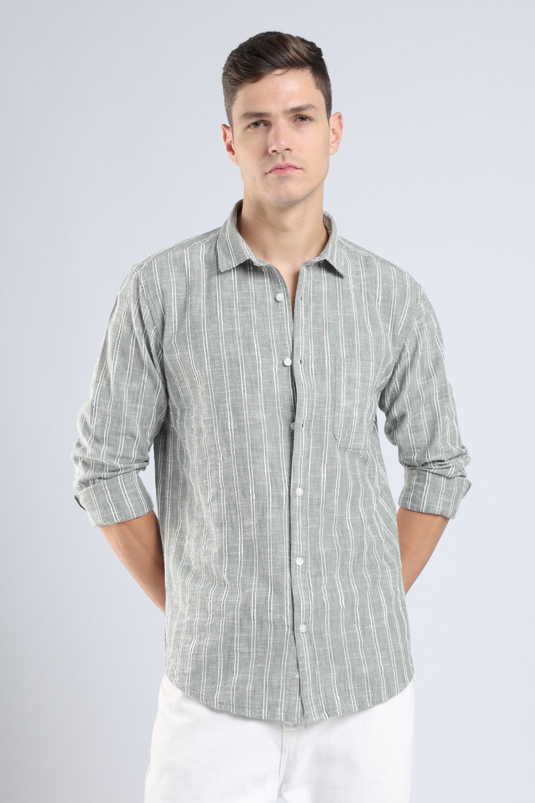 Muted Olive Vertical Stripe Casual Shirt