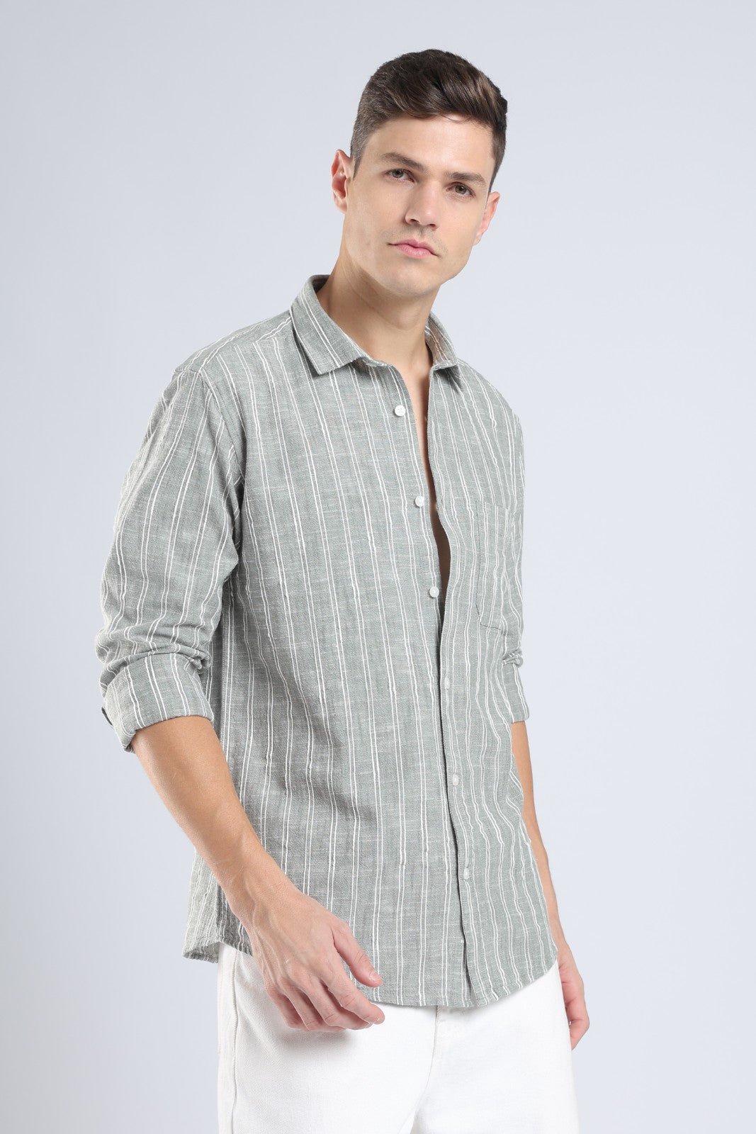 Muted Olive Vertical Stripe Casual Shirt