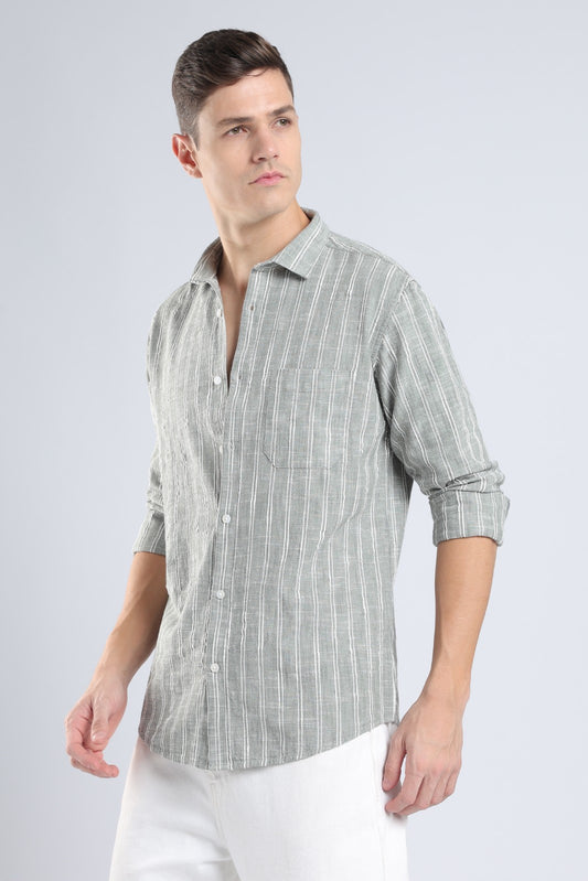 Muted Olive Vertical Stripe Casual Shirt