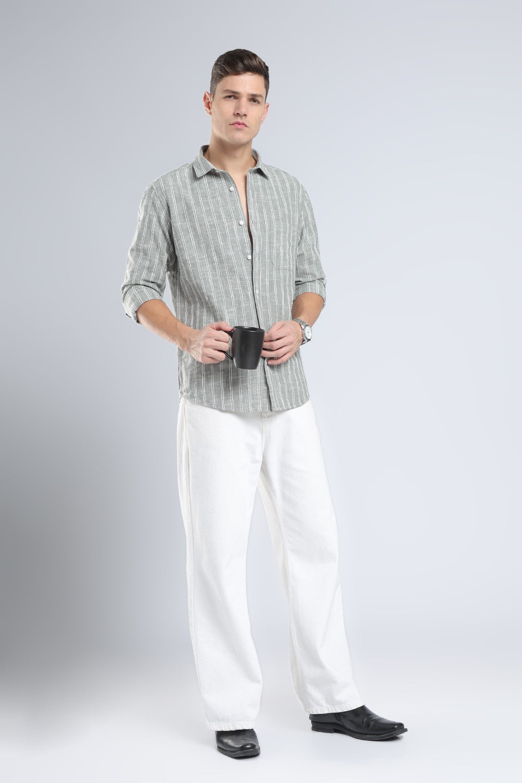 Muted Olive Vertical Stripe Casual Shirt