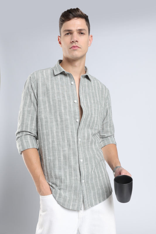 Muted Olive Vertical Stripe Casual Shirt