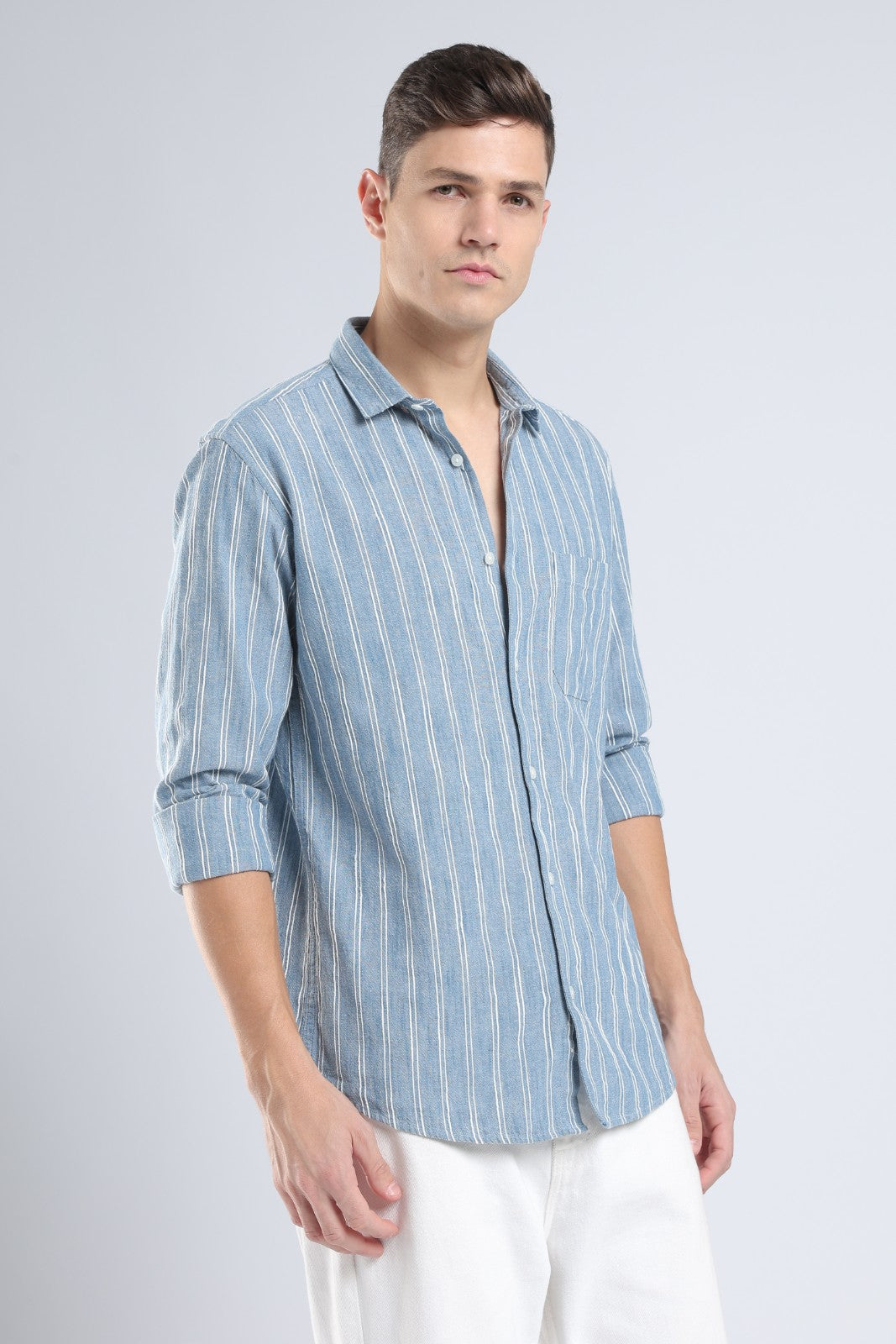 Denim Blue Vertical Stripe Casual Shirt