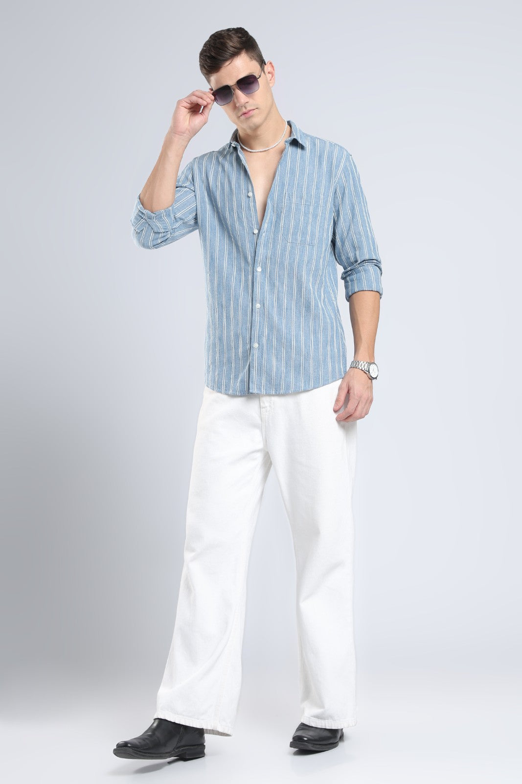 Denim Blue Vertical Stripe Casual Shirt
