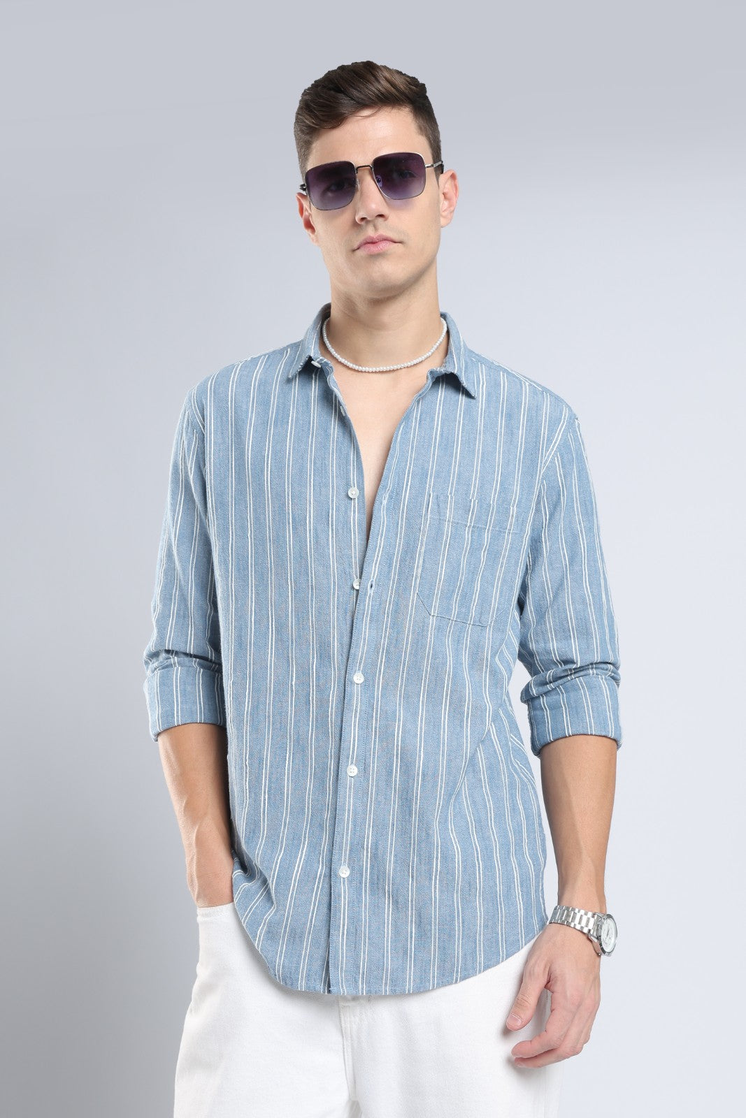 Denim Blue Vertical Stripe Casual Shirt