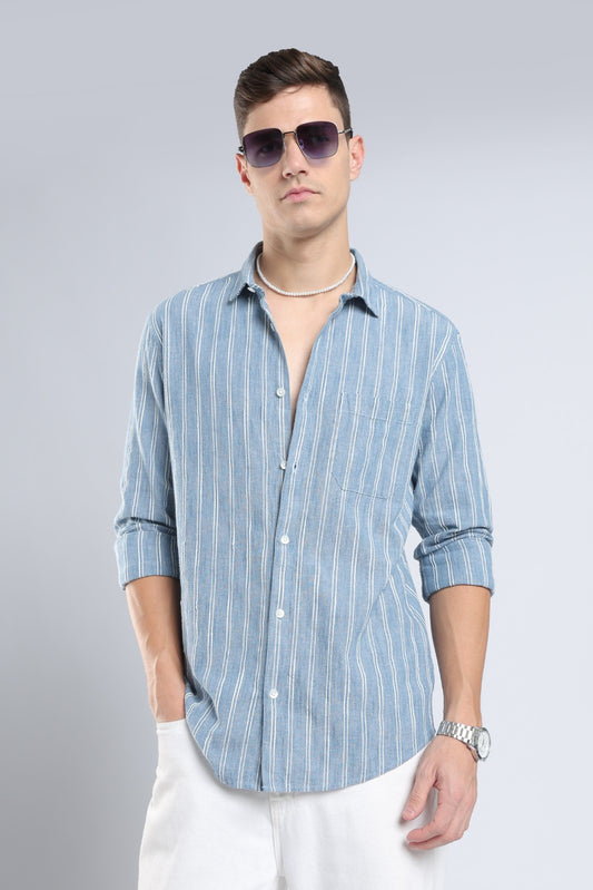 Denim Blue Vertical Stripe Casual Shirt