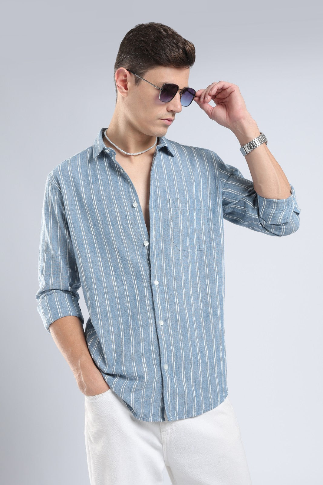 Denim Blue Vertical Stripe Casual Shirt