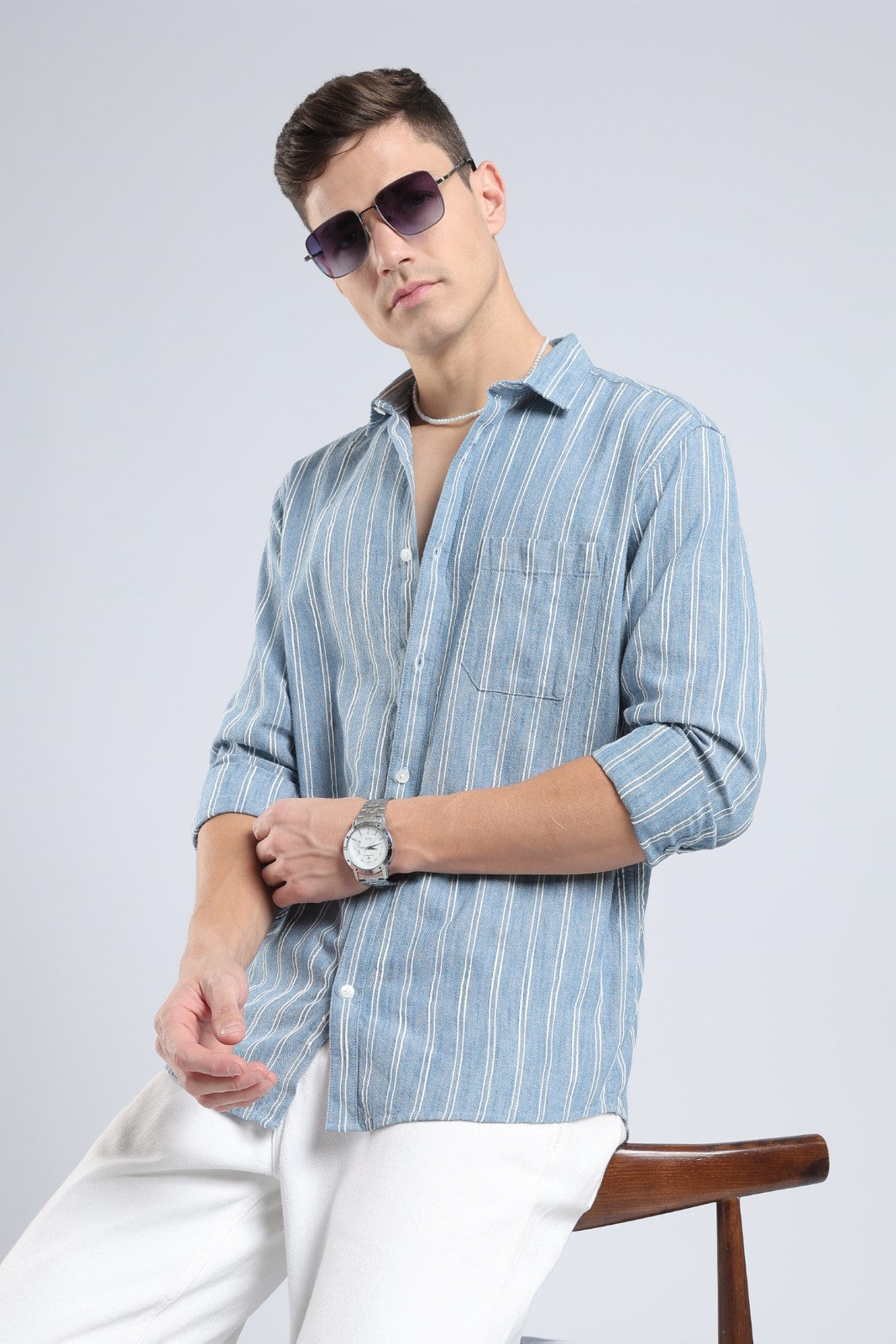 Denim Blue Vertical Stripe Casual Shirt