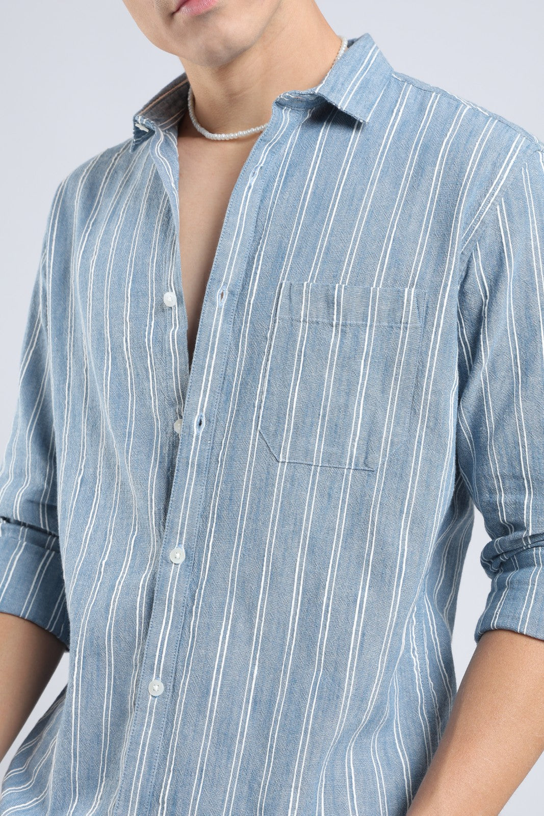 Denim Blue Vertical Stripe Casual Shirt