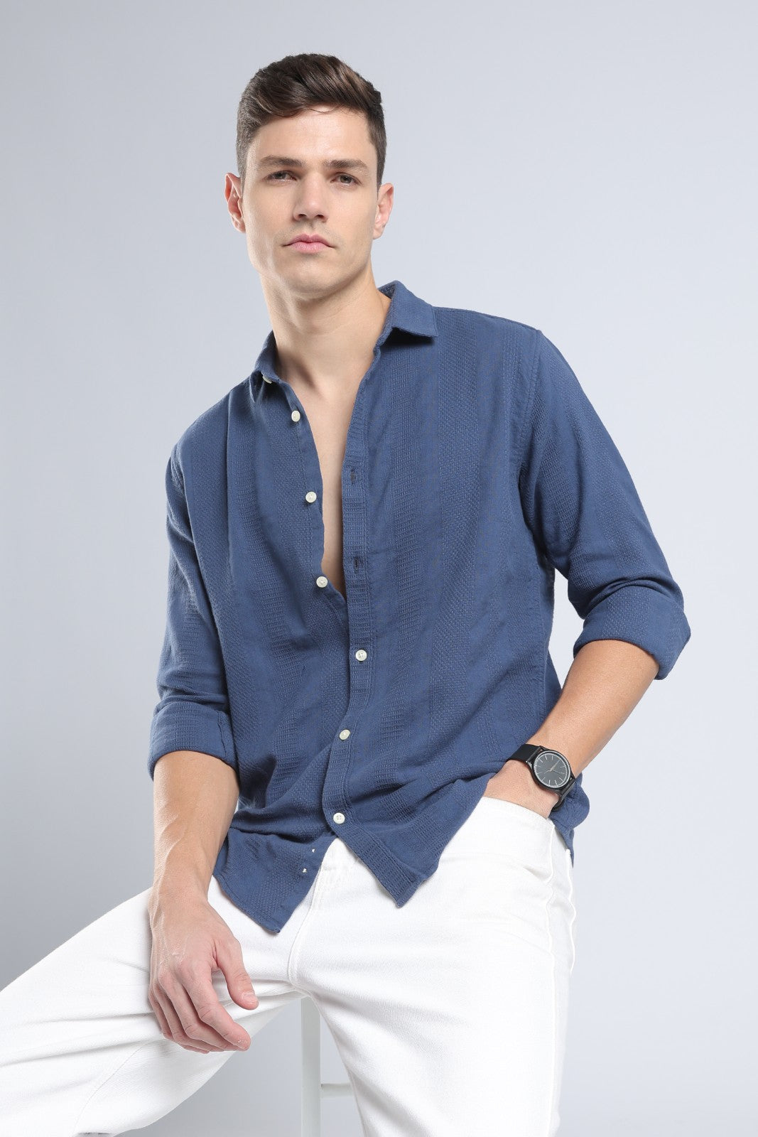 Deep Blue Dobby Stripe Casual Shirt